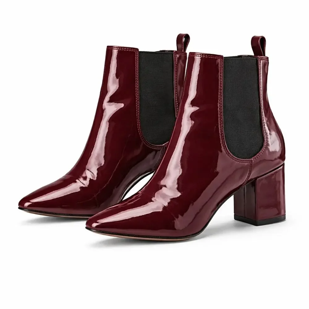 Express Oxblood Burgundy Patent Chelsea Ankle Boots Square Toe Block Heel 8